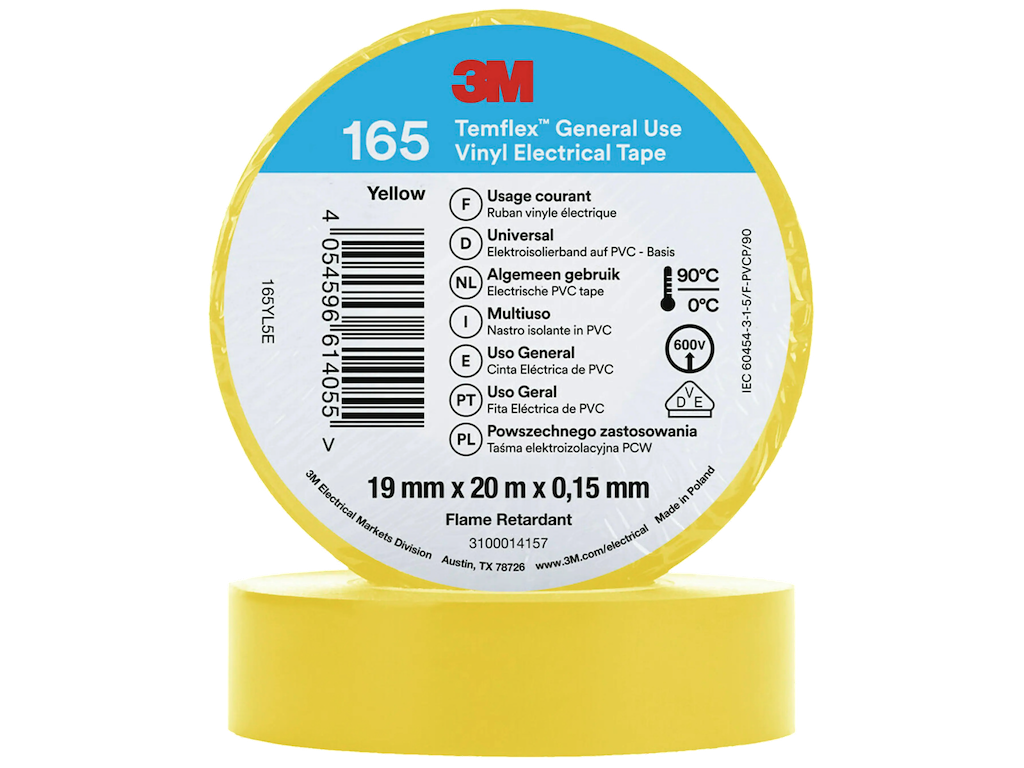 Tape 19mm x 20 mtr Vinyl 3M 165 Gul