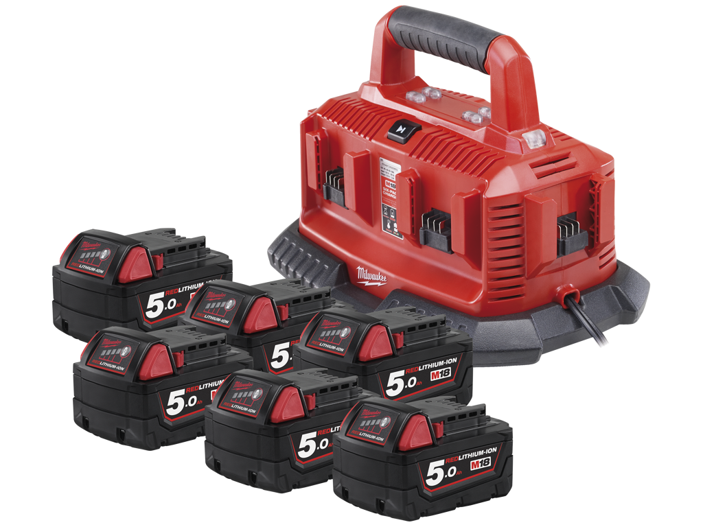 Ladeapparat Milwaukee NRG med 6 stk. 18V/5,0Ah batterier
