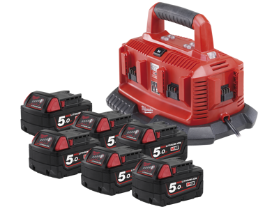Ladeapparat Milwaukee NRG med 6 stk. 18V/5,0Ah batterier