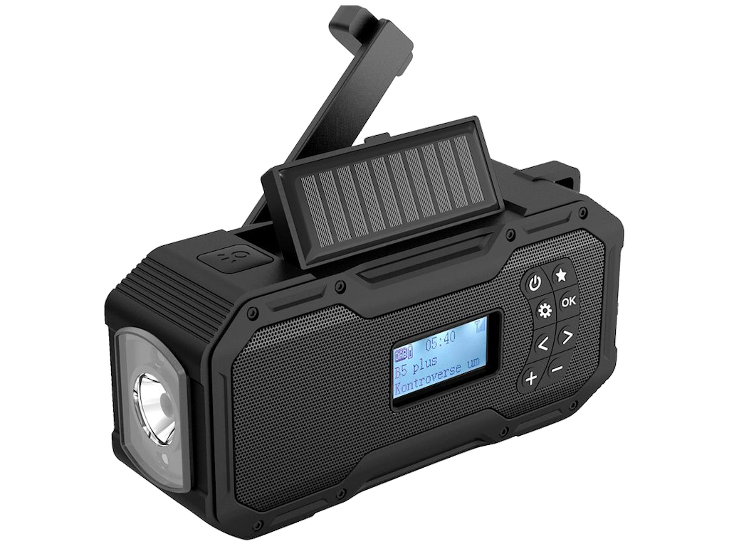 Nødradio m/håndsving,solceller og lygte