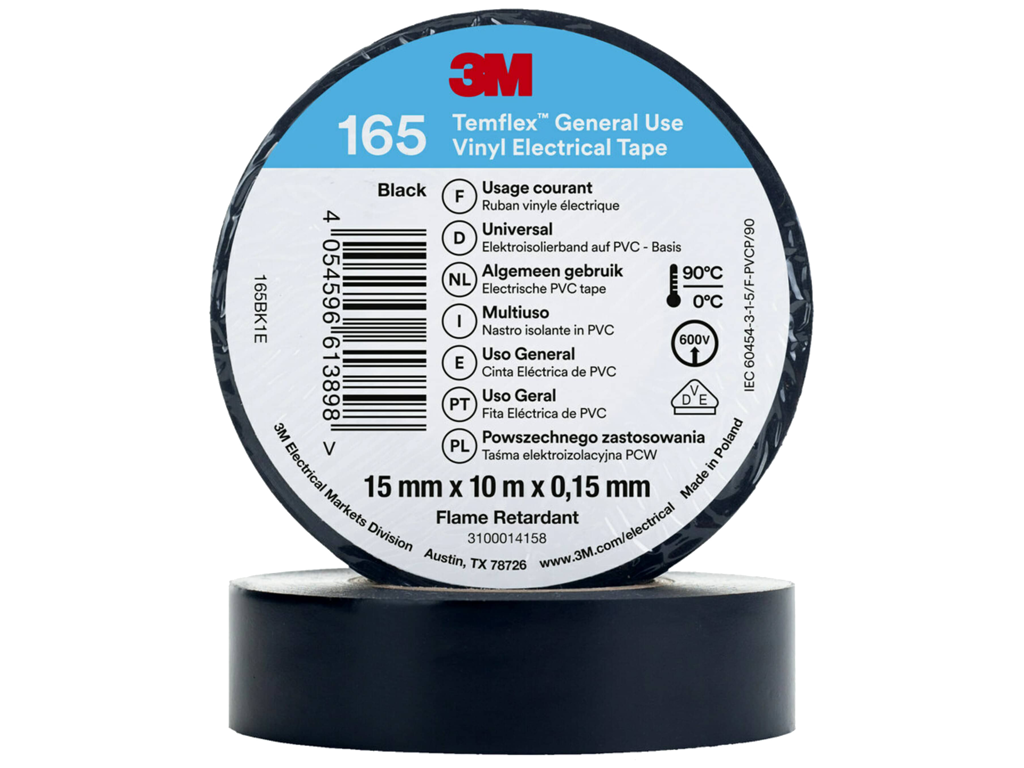 Tape 15mm x 10 mtr Vinyl 3M 165 Sort